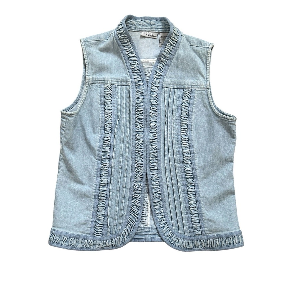 Vintage Chico's Platinum Womens Medium Denim Vest Light Wash Ruffled Pleated Y2K